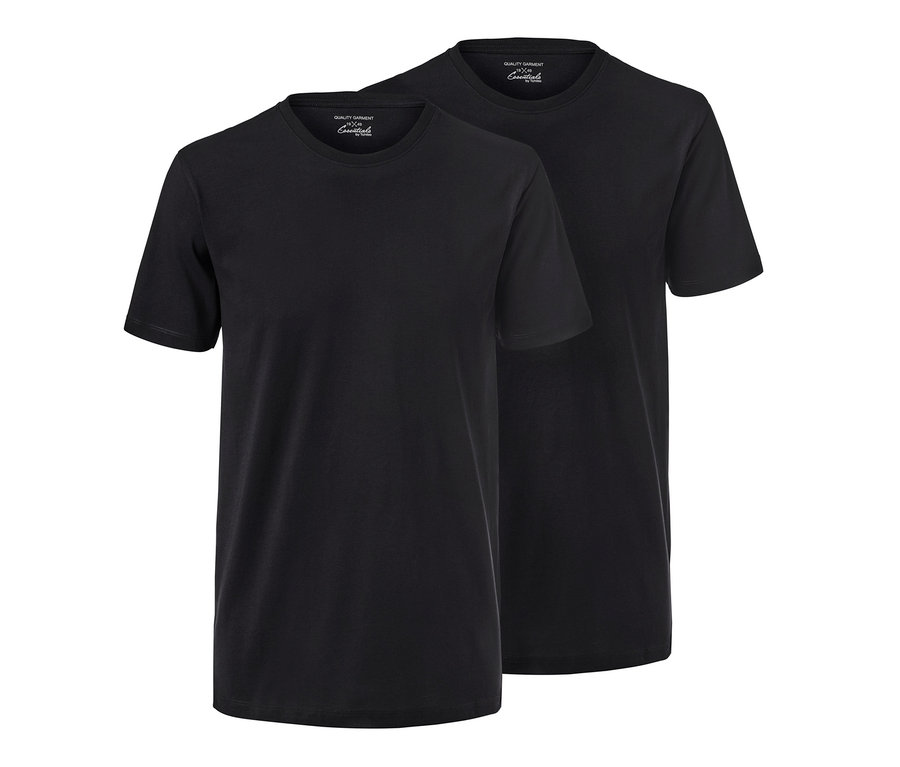 Zwei schwarze T-Shirts mit Rundhalsausschnitt.
