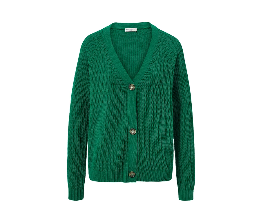 Grüne Grobstrick-Cardigan mit Knöpfen.