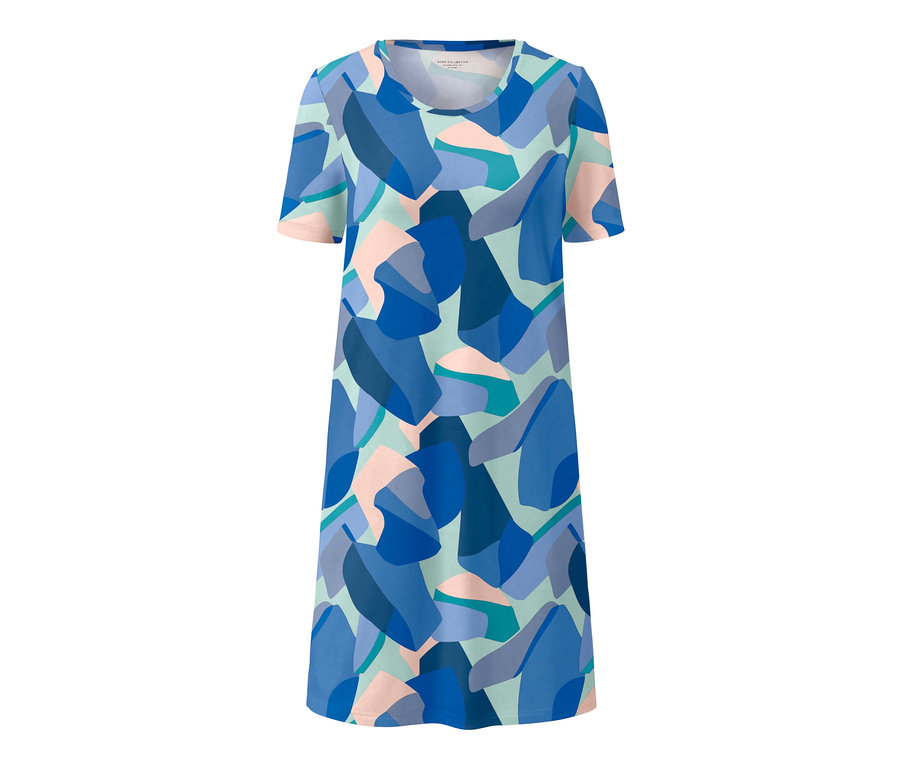 Nachthemd mit blauem, rosa und grünem geometrischen Muster.