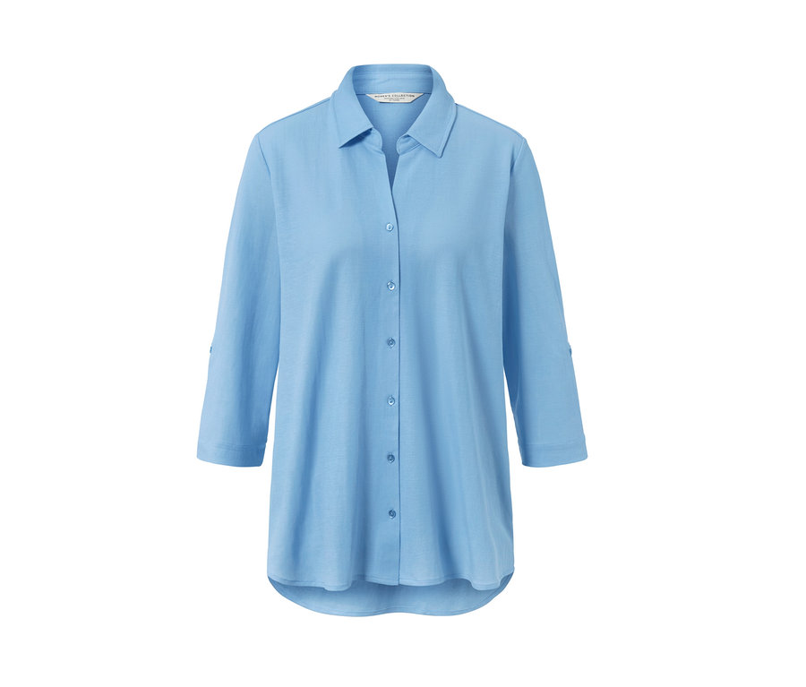 Hellblaue Piqué-Jerseybluse mit Dreiviertelärmeln und Knöpfen.