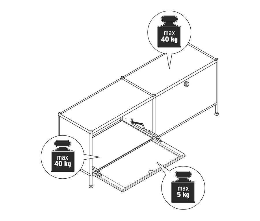 Lowboard Metall »CN3« mit 2 Klappen, eine davon geöffnet. Maximale Belastung des Oberbodens 40 kg, des Innenraums 5 kg.
