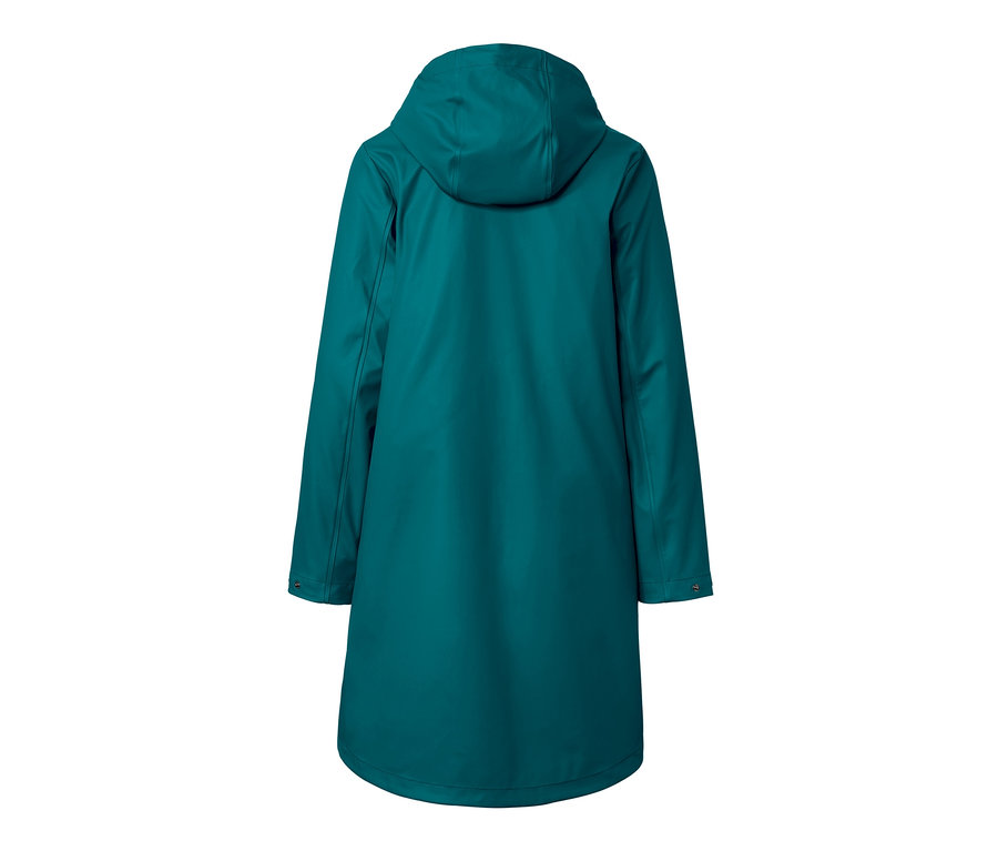 Rückansicht eines langen, petrolblauen Regenmantels mit Kapuze.