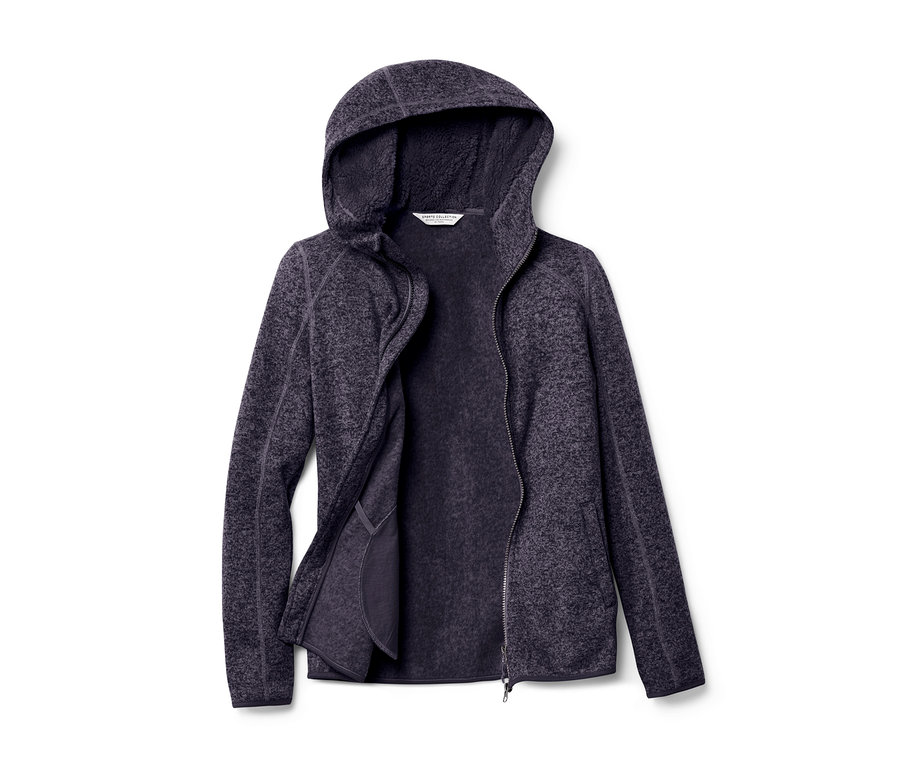 Dunkelblau melierte Kapuzen-Strickfleecejacke, teilweise geöffnet.