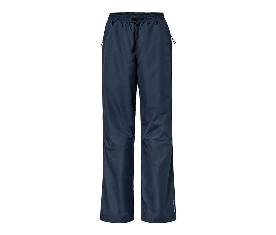 Dunkelblaue Unisex-Regenhose mit elastischem Bund und seitlichen Reißverschlusstaschen.