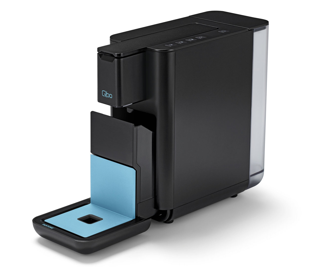 Eine schwarze Qbo ICONIC x Pantone Special Edition Sky Blue Kaffeemaschine mit geöffnetem Kapselbehälter.