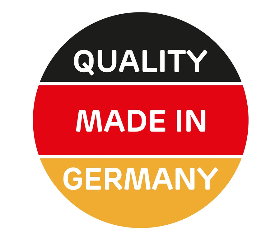 Kreisgrafik mit den Worten "QUALITY", "MADE IN" und "GERMANY" in den Farben der deutschen Flagge.