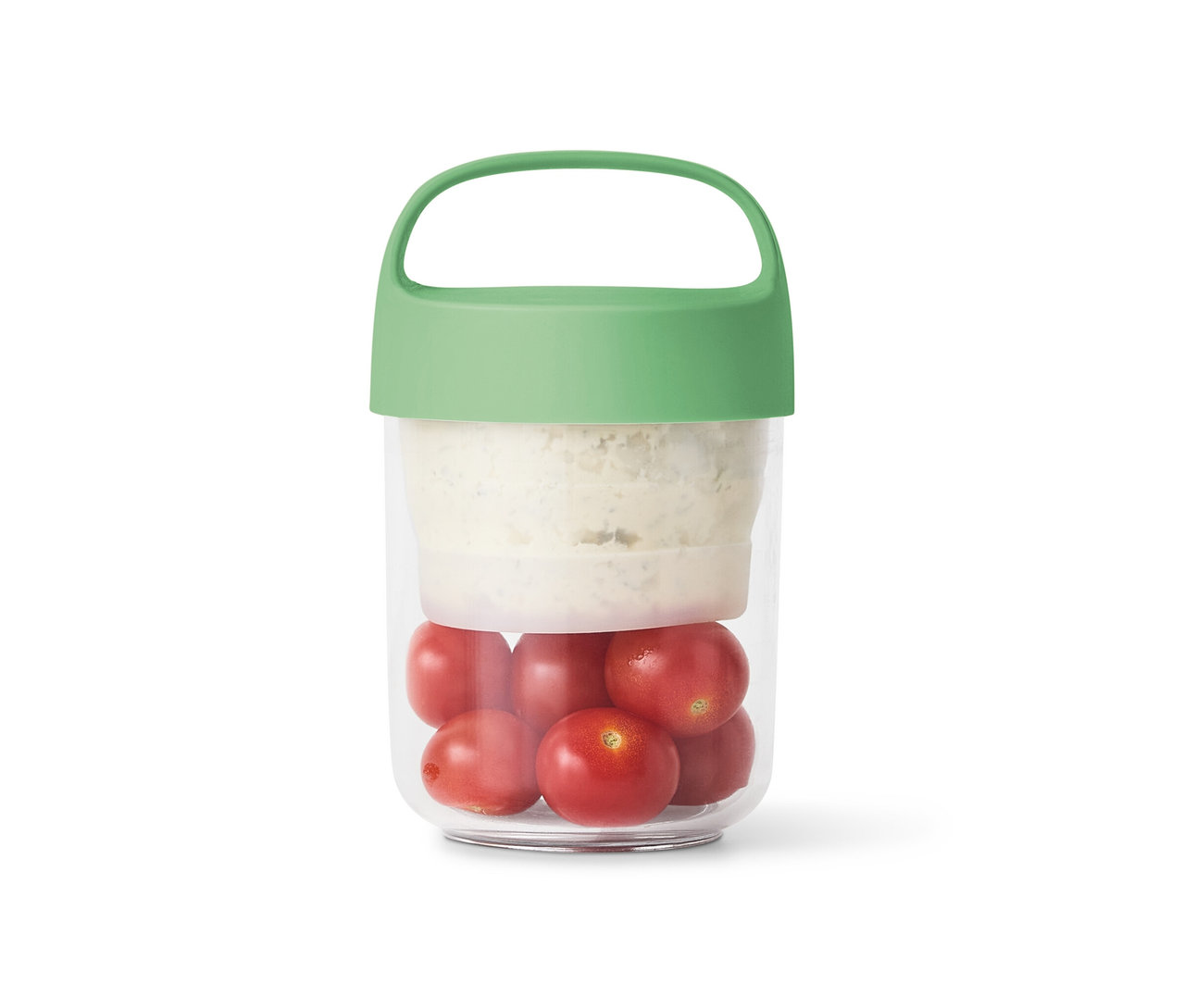 Kleiner To-Go-Behälter mit Henkel, gefüllt mit Tomaten und Dip.