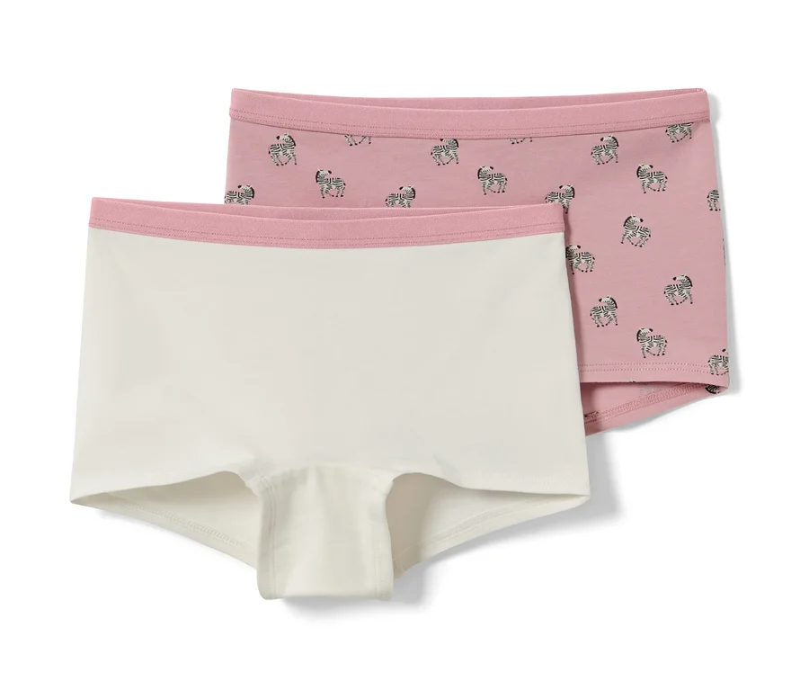 Zwei Kinder-Pantys, eine weiß, die andere rosa mit Zebras.