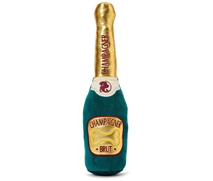 Plüschtier für Hunde in Form einer Champagnerflasche.