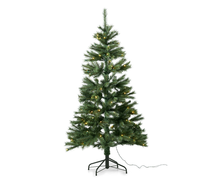 Ein grüner LED-Tannenbaum steht auf einem schwarzen Ständer.
