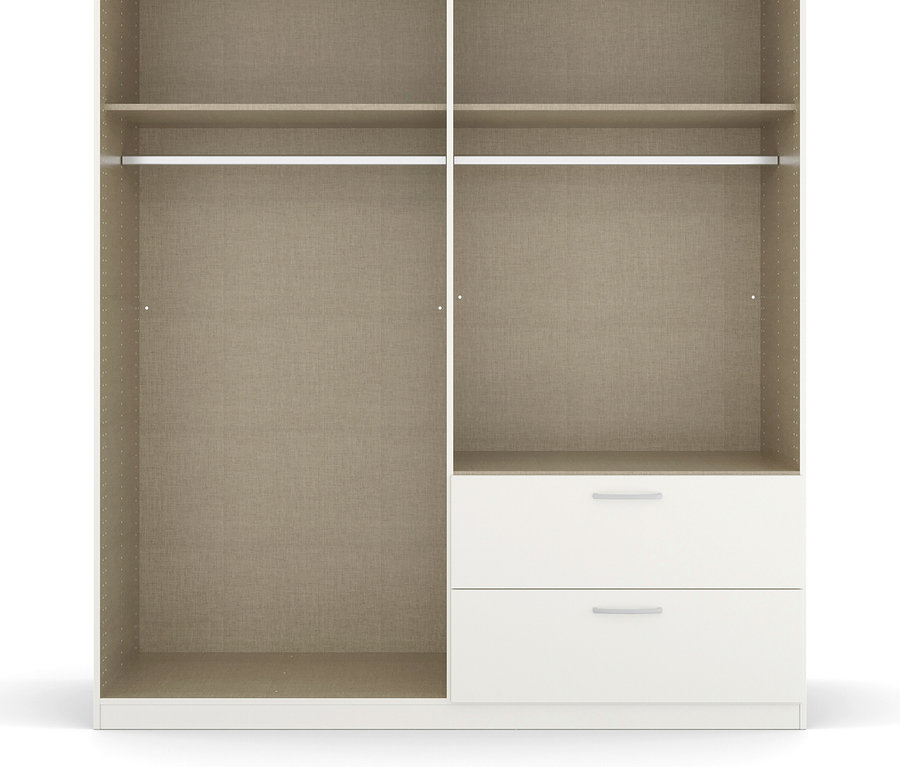 Leerer, offener, weißer Kleiderschrank mit zwei Regalen und zwei Schubladen.