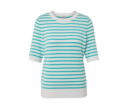 Aqua-farbener, gestreifter Feinstrickpullover.
