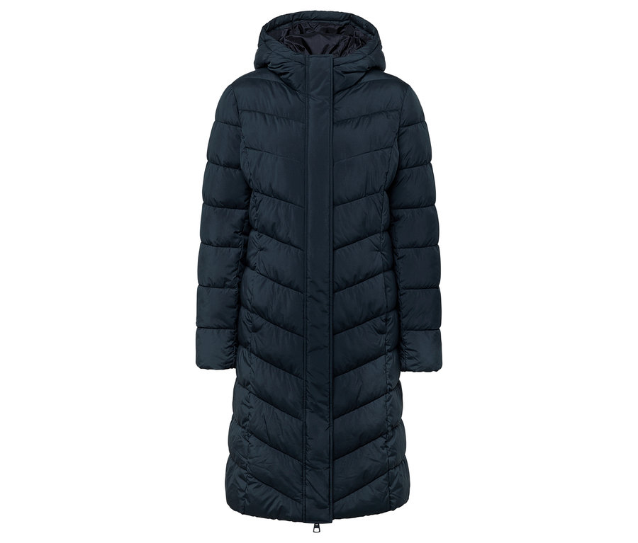Dunkelblaue Steppjacke mit Kapuze.