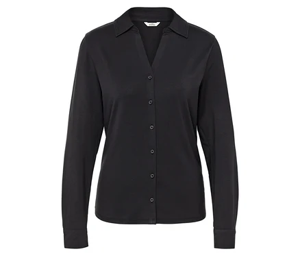 Schwarze, langärmlige Bluse mit Knöpfen.