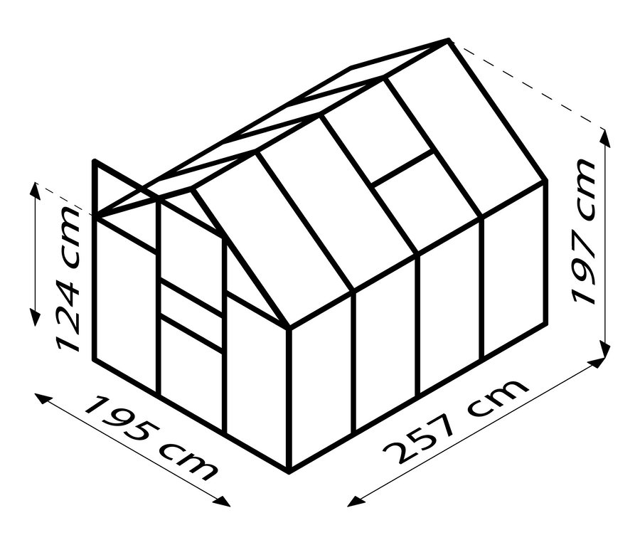 Umriss eines Vitavia Gewächshausrahmens mit den Maßen 124 cm x 195 cm x 197 cm x 257 cm.