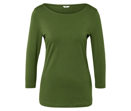 Ein grünes Langarmshirt mit Rundhalsausschnitt.