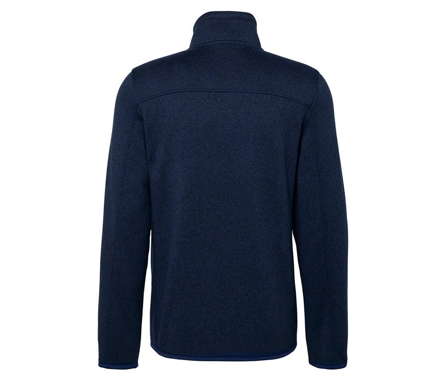 Dunkelblaue Fleecejacke mit kurzem Reißverschluss und langen Ärmeln, Rückansicht.