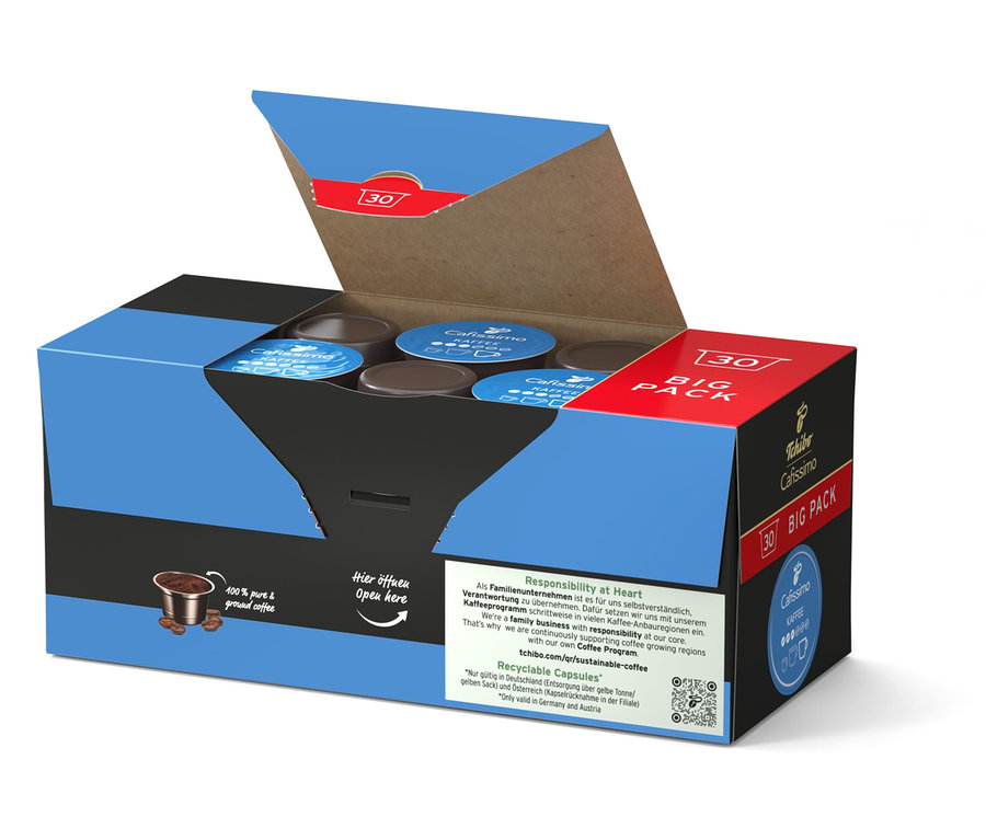 Geöffnete Packung Cafissimo Kaffee mild - 30 Kapseln.