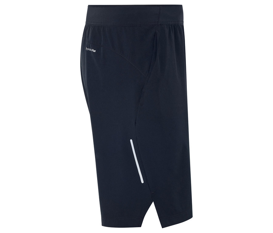 Detailaufnahme von dunkelblauen Sportshorts mit reflektierendem Streifen.