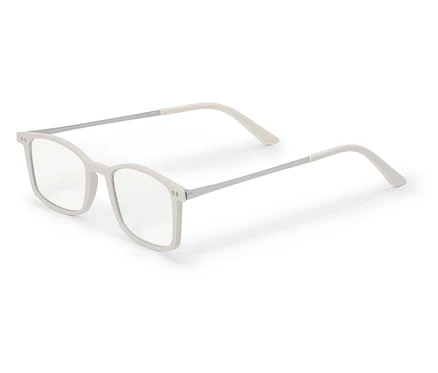 Weiße Brille mit rechteckigen Gläsern auf weißem Hintergrund.