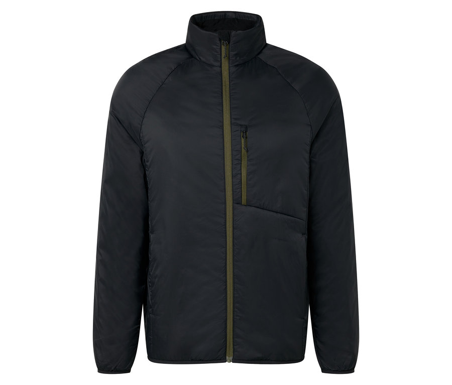 Schwarze Jacke mit Reißverschluss und Brusttasche.