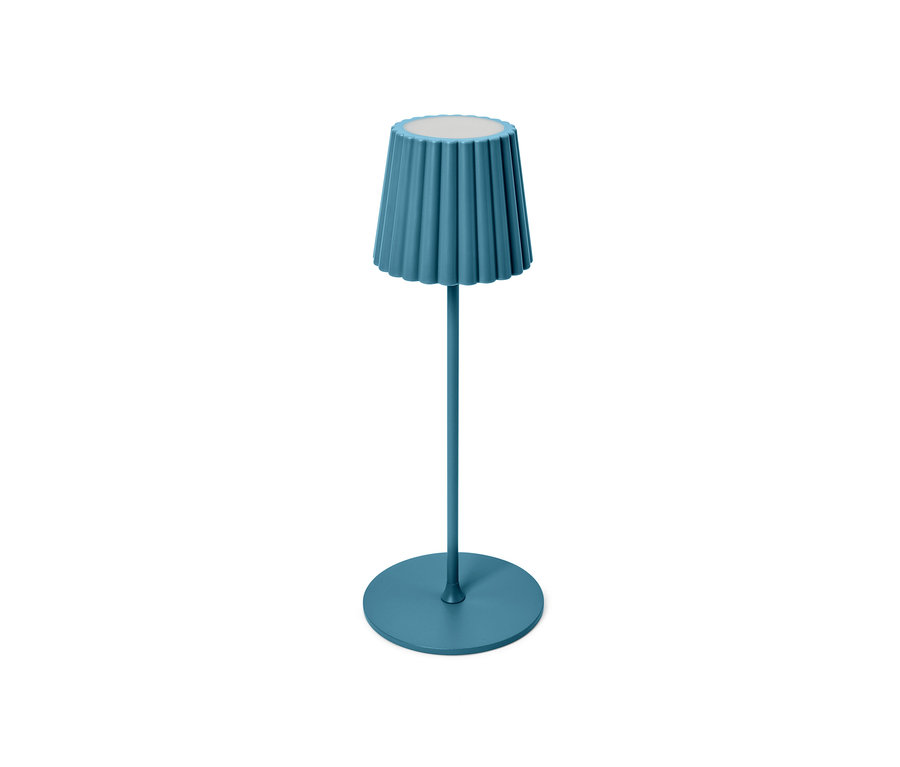Eine blaue LED-Akku-Outdoor-Tischleuchte.