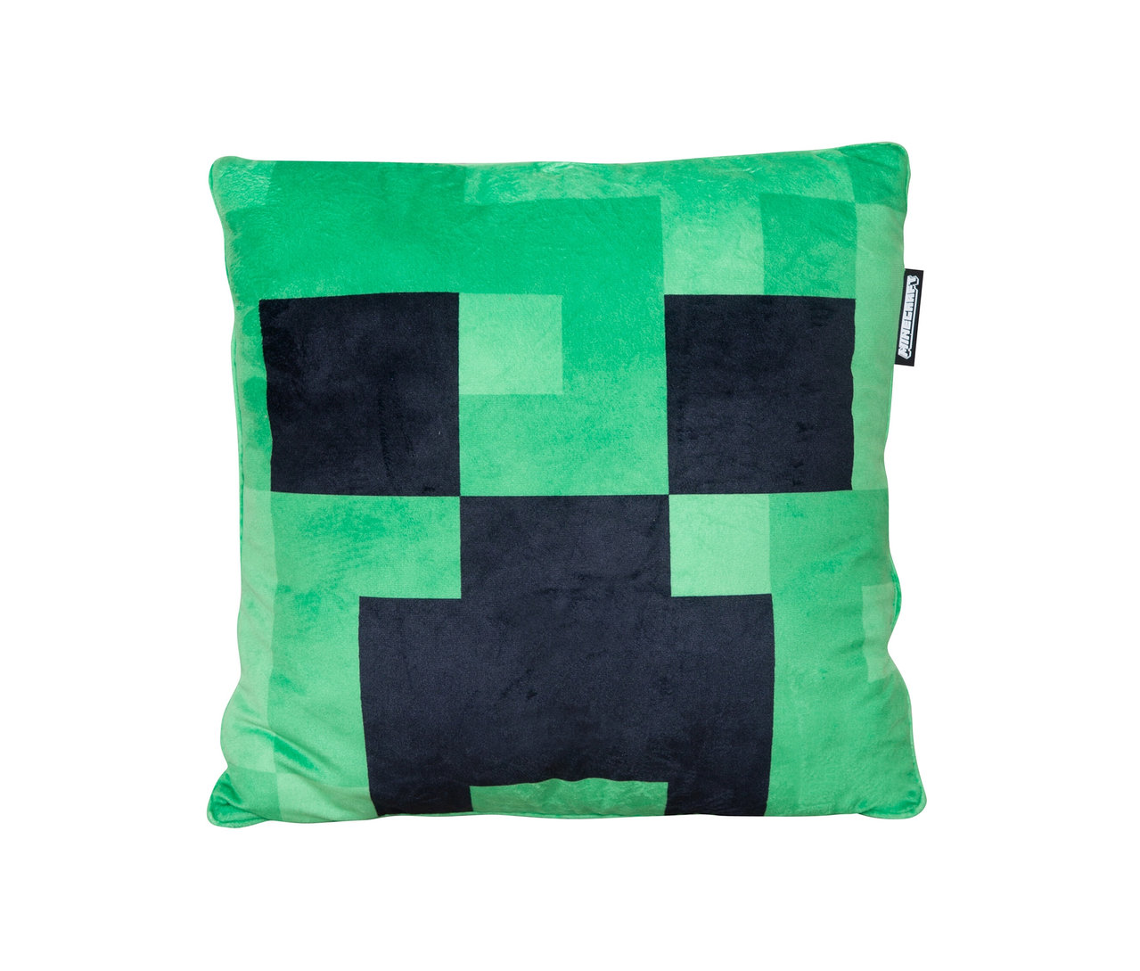 Grünes MINECRAFT Dekokissen, Creeper mit schwarzem Pixelgesicht auf weißem Hintergrund.
