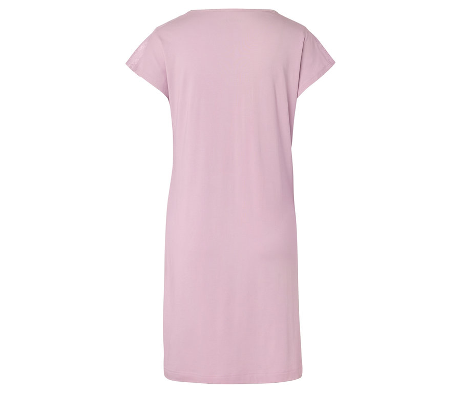 Rückansicht eines hellrosa, knielangen, kurzärmeligen Kleides.
