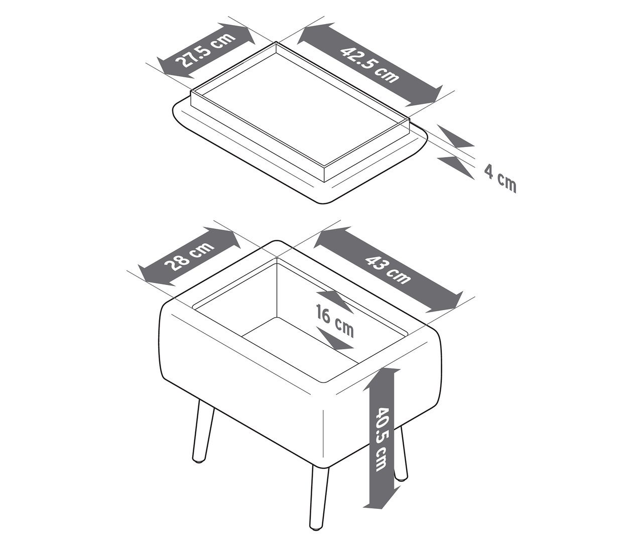 Draufsicht und Seitenansicht eines Hockers mit Stauraum mit Maßangaben.