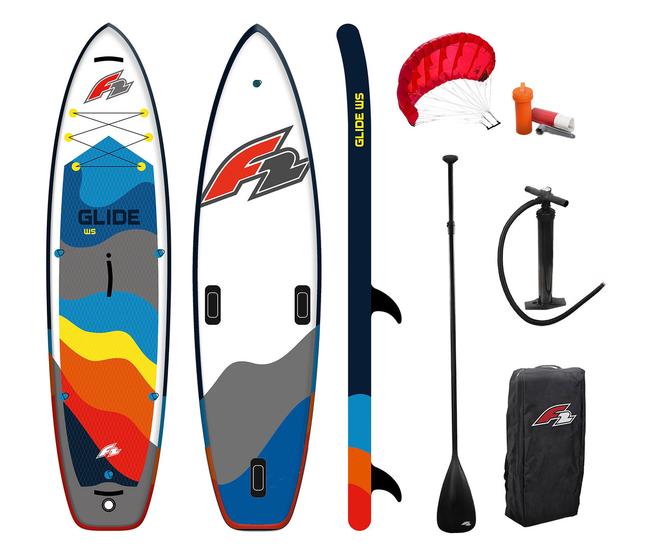 Zwei F2 SUP Board »Glide Wing« mit Zubehör wie Paddel, Pumpe, Fallschirm, Finne und Tasche.