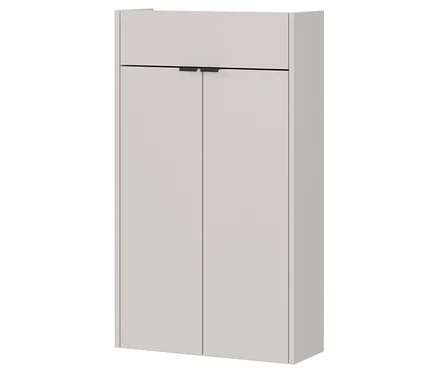 Ein grauer Badezimmerschrank mit zwei Türen und einem Schubfach ist vor einem weißen Hintergrund zu sehen.