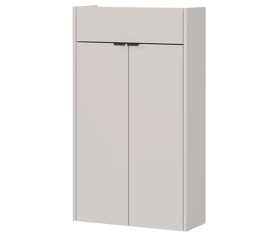 Ein grauer Badezimmerschrank mit zwei Türen und einem Schubfach ist vor einem weißen Hintergrund zu sehen.