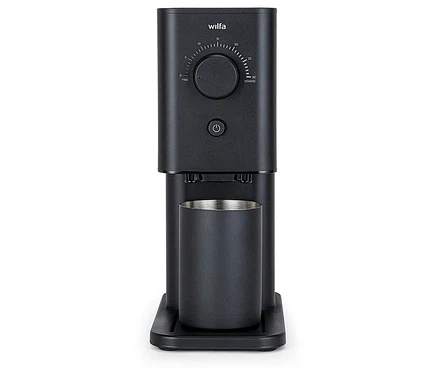 Schwarze Wilfa Zense CG3B-125 Kaffeemühle mit Mahlgradregler und Auffangbecher.