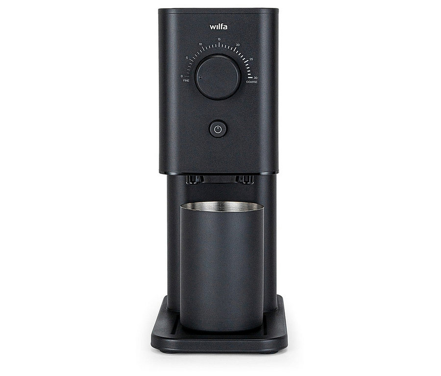 Schwarze Wilfa Zense CG3B-125 Kaffeemühle mit Mahlgradregler und Auffangbecher.