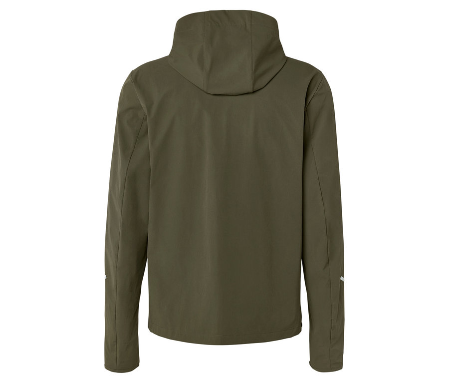 Rückansicht einer olivgrünen Jacke mit Kapuze.