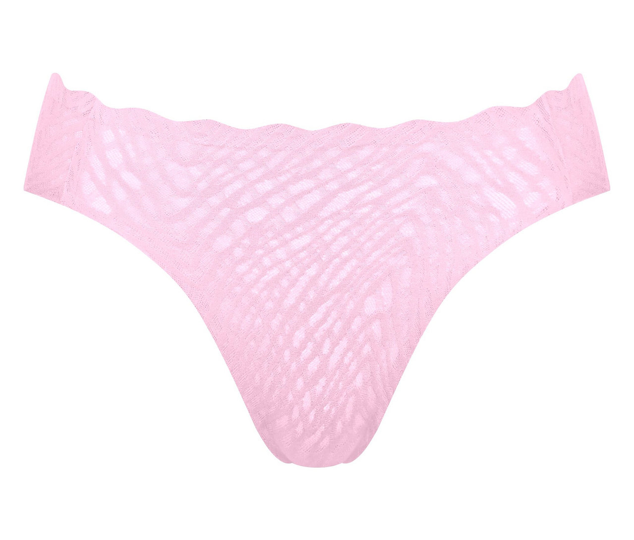 Nahaufnahme eines einzelnen, blassrosa Damenslips mit gewelltem Bund vor einem weißen Hintergrund.