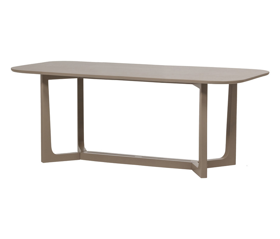 Ein rechteckiger Tisch mit abgerundeten Ecken und einem Rahmen aus dem gleichen Material in einer neutralen Farbe.