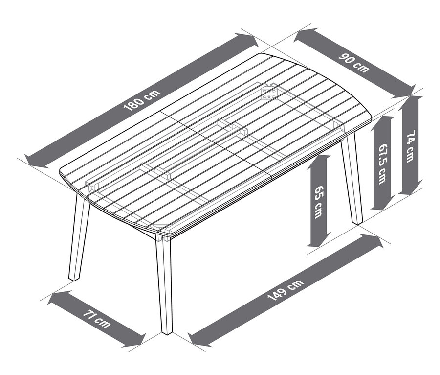 Draufsicht auf einen ausziehbaren Gartentisch mit abgerundeten Fronten, ca. 180-240 cm, mit Massangaben.