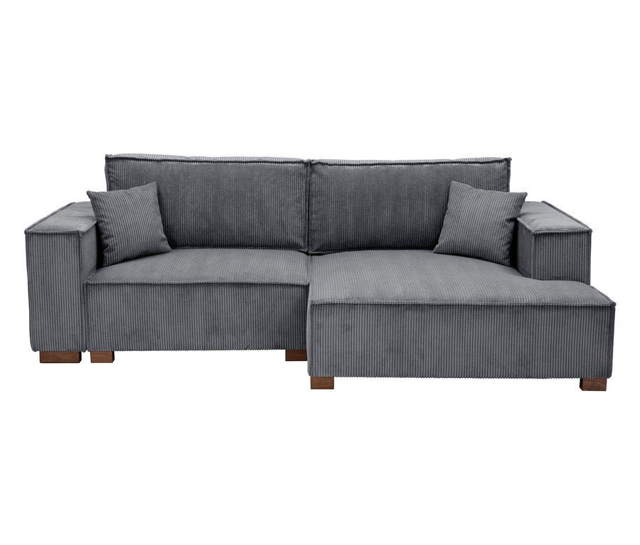 Graues Cord-Ecksofa mit zwei Kissen auf Holzfüßen.