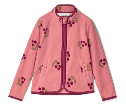 Rosa Fleecejacke mit Reißverschluss und Kirschmuster. Die Jacke hat eine dunkelrote Paspelierung und zwei Taschen.