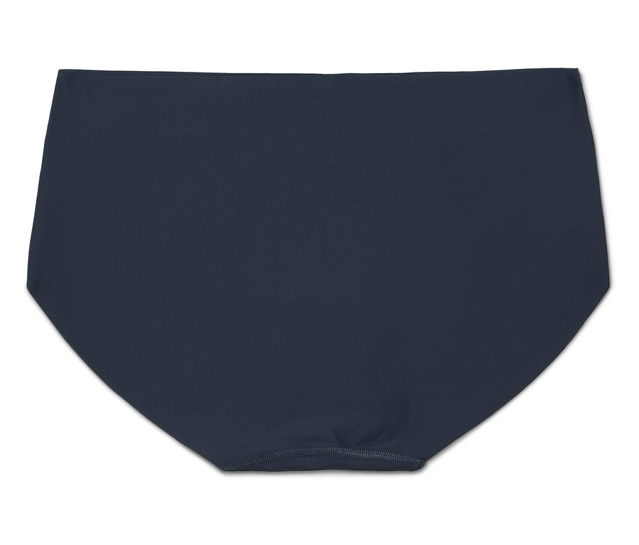 Dunkelblaue, hochgeschnittene Unterhose auf weißem Hintergrund.