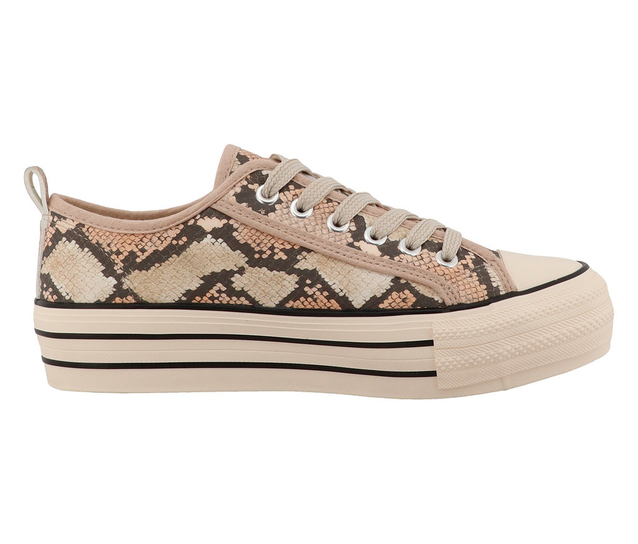 Ein einzelner beiger Plateau-Sneaker mit Schnürsenkeln und Schlangenmuster.