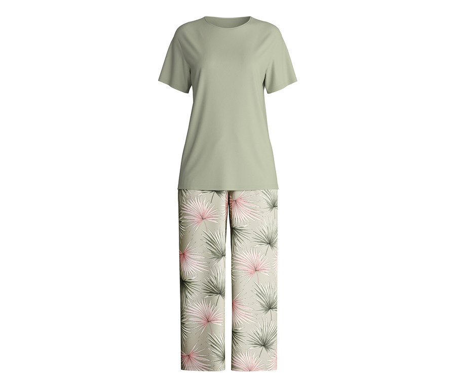 Der Calida »Leaf Dreams« 7/8-Pyjama besteht aus einem olivfarbenen T-Shirt und einer langen Hose mit Palmenmuster.