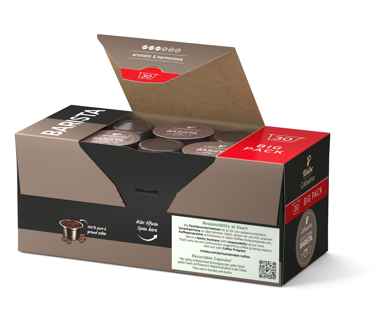 Geöffnete braune Tchibo Cafissimo Barista Kaffeekapsel Großpackung mit 30 Kapseln.