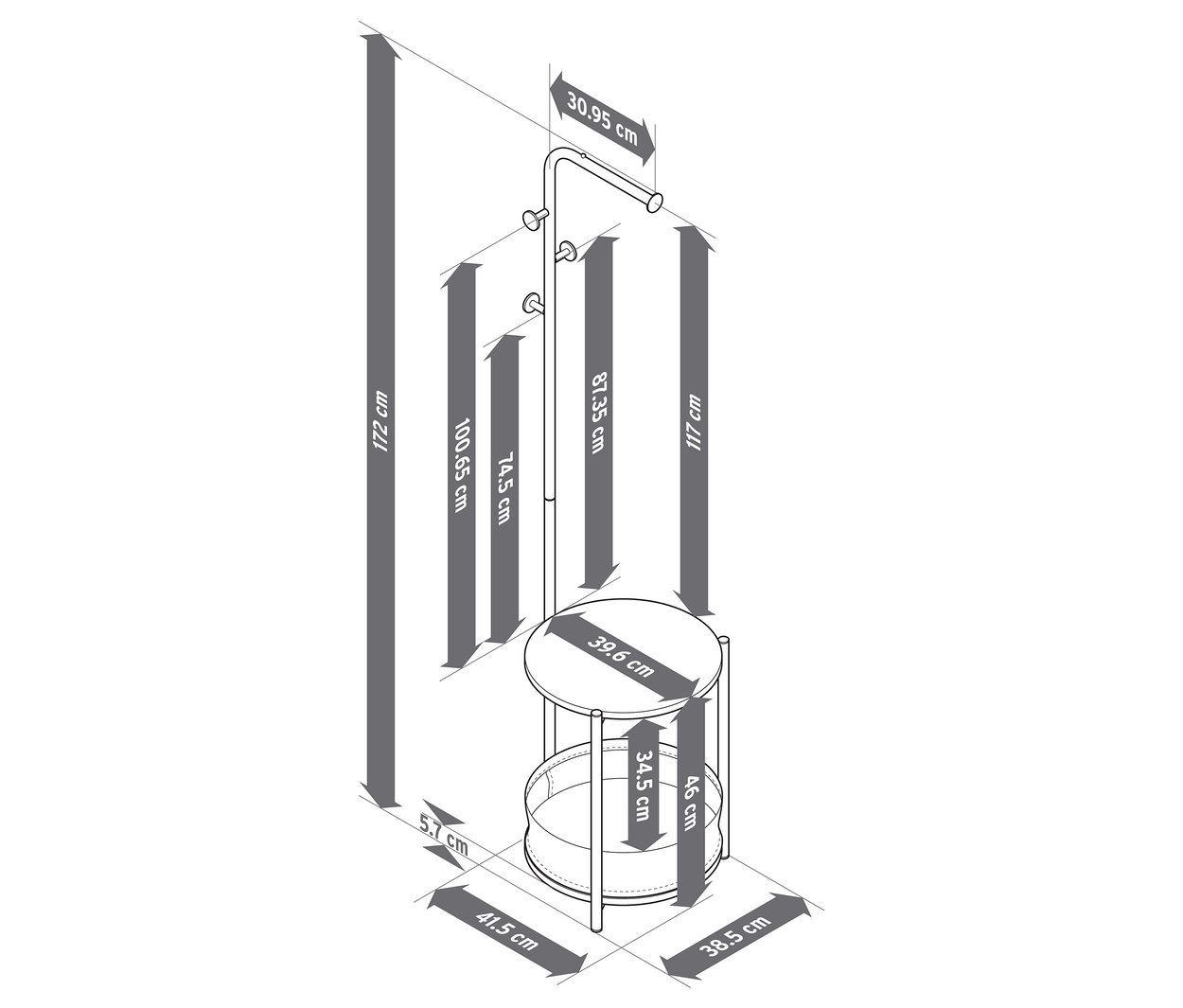 Abbildung eines Gaderobenständers mit Maßangaben.
