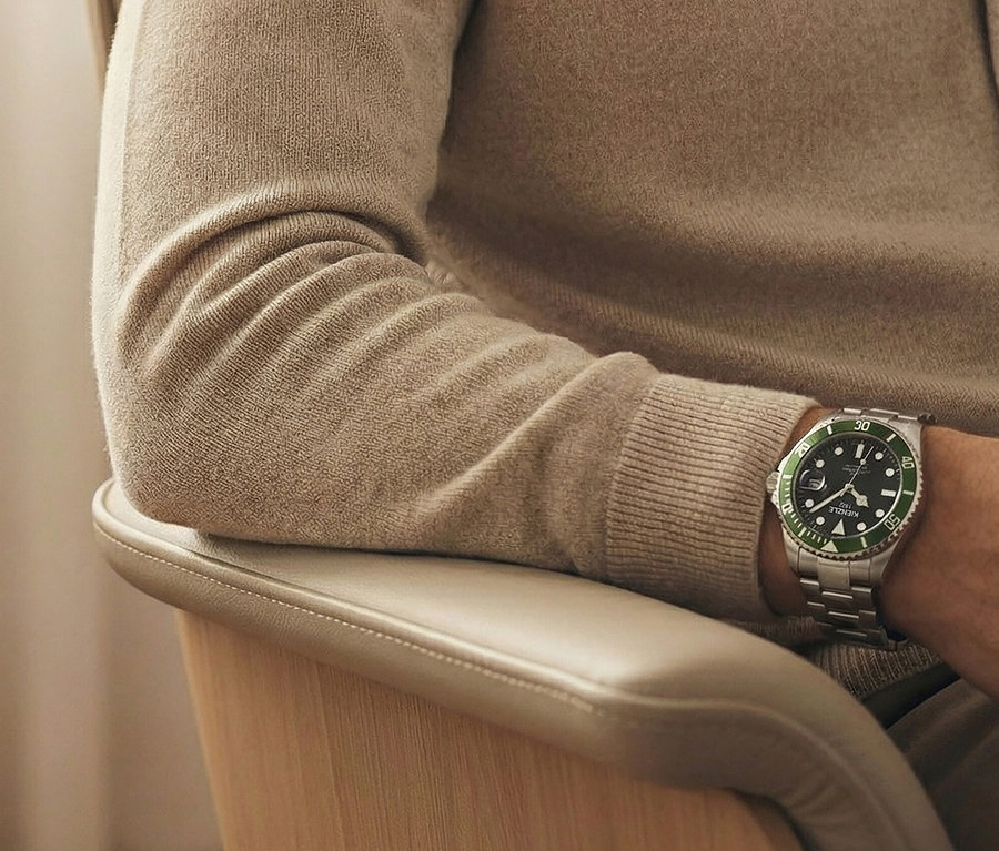 Mann mit beigem Pullover und silberner Uhr mit grünem Rand sitzt auf einem Stuhl.