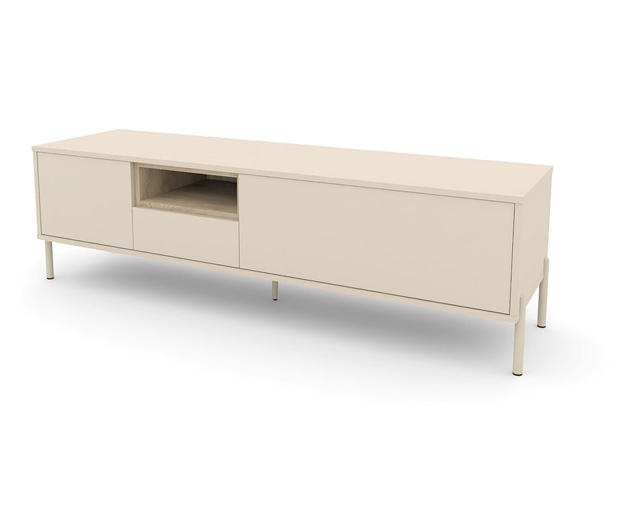Das Lowboard "Hygge" in Cashmere-Weiß steht auf vier Füßen. Es hat zwei Türen und ein offenes Fach.