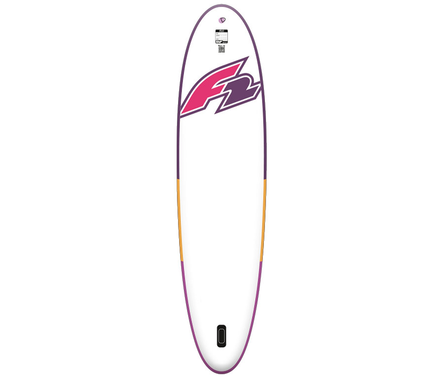 Weißes F2 SUP-Board »Surf« mit pink-lila Logo und lila Umrandung.