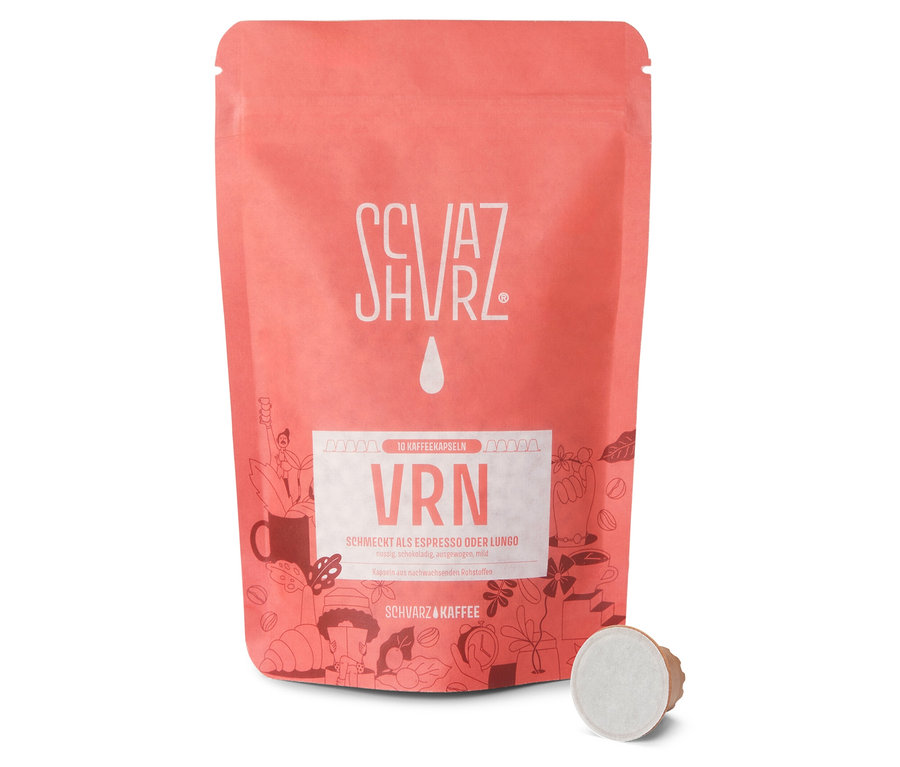 Eine Packung Schvarz VRN Espresso - 10 Kapseln und eine einzelne Kapsel sind zu sehen.