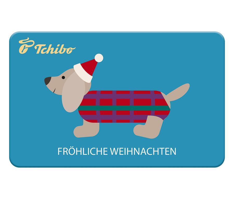 Illustration eines Dackels mit Weihnachtsmütze und kariertem Mantel auf blauem Hintergrund mit dem Text "Fröhliche Weihnachten".